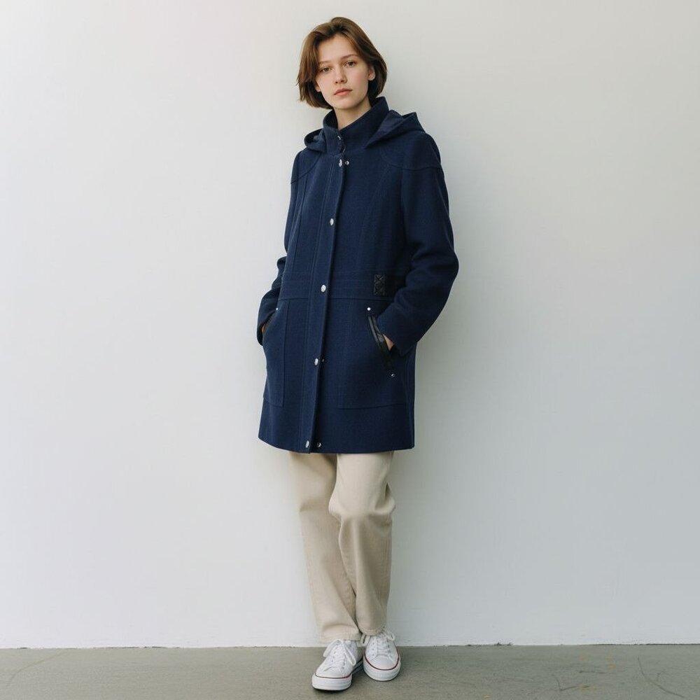 GUESS Los Angeles Women’s Wool Blend Hooded Pea Coat Navy Large - Picture 3 of 14